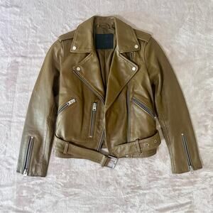 All Saints Balfern Leather Jacket Women US00 Moto Tan Camel Mustard